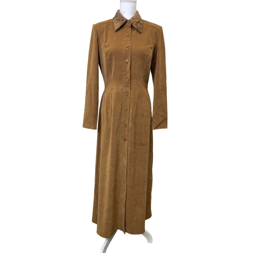 VTG Liz Claiborne Faux Suede Maxi Dress 10 Tan Brown Leopard Faux Fur Collar - Picture 1 of 16
